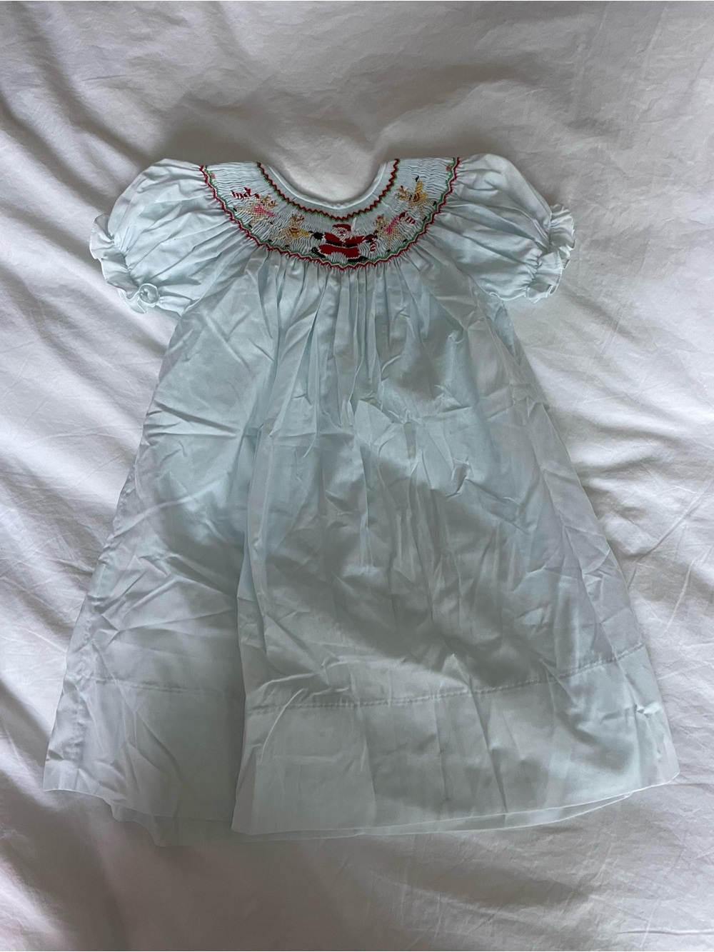 Hand-Smocked Light Blue Baby Dress with Christmas Themed Embroidery